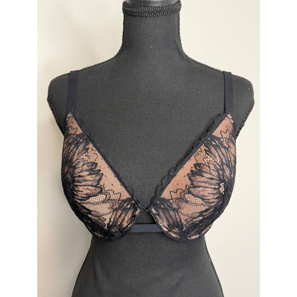 Soma Lightly Lined Plunge Bra Black Nude Floral Lace Underwire 36DD